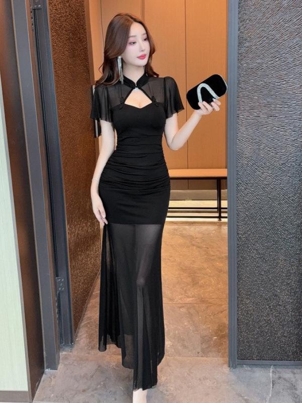 Women's Nightclub Foot Massage Technician Dress - Mesh Stitching Hip-Wrap Design