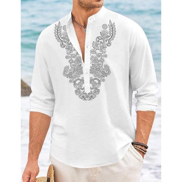 Męska bawełniana krótka kurta z długim rękawem i etnicznym dekoltem | Casualowa kurta o pogniecionej fakturze ze stójką