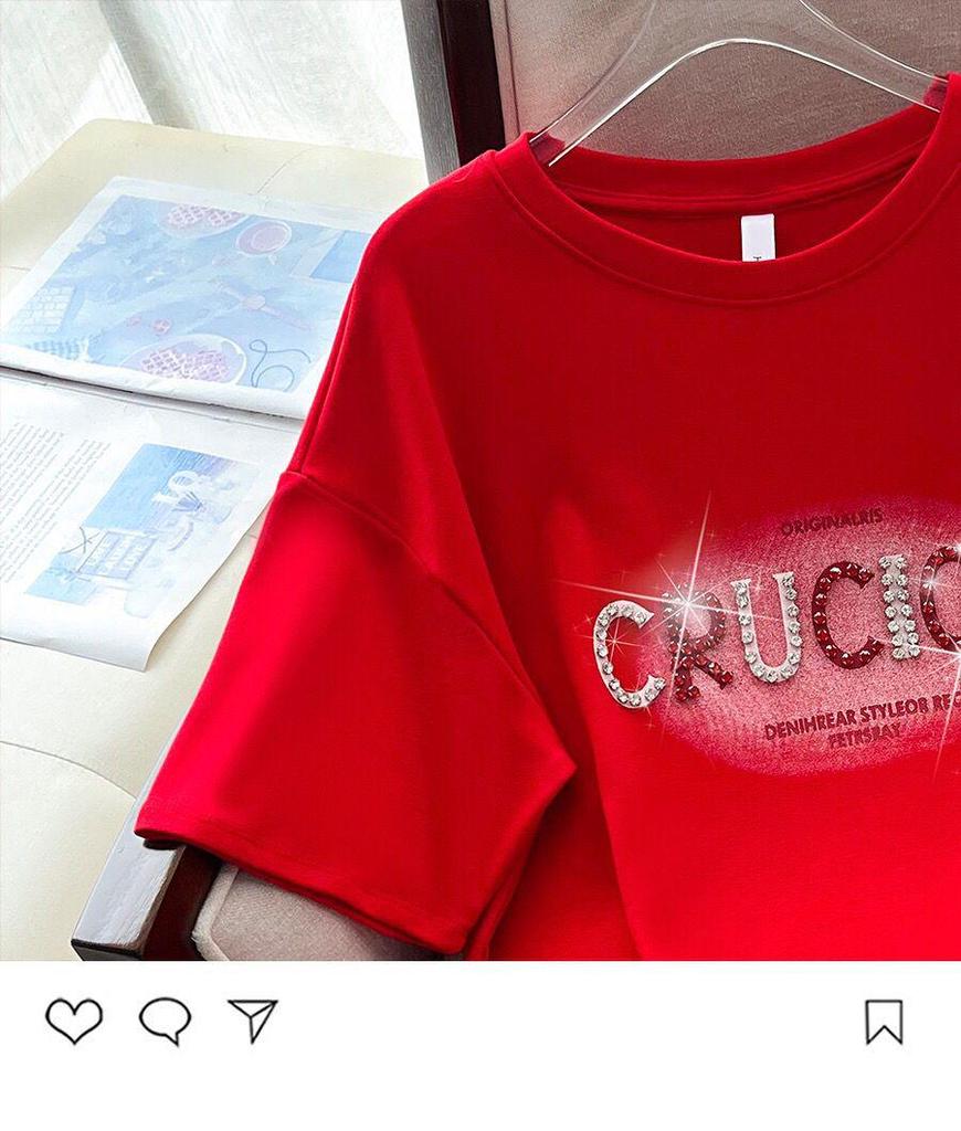 Women's 2024 Summer Trendy Loose Short Sleeve Pure Cotton Studded T-Shirt