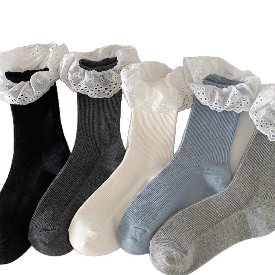 Gray Lace Socks Children'S Tube Socks Spring And Autumn Cotton Socks Ballet Girls Single Shoes Mary Jane Stockings