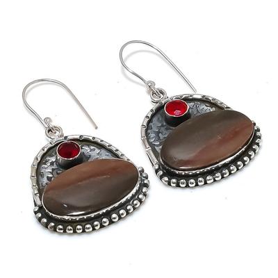 Natural Mookaite, Garnet Gemstone 925 Sterling Silver Earring 2.13" T1b93