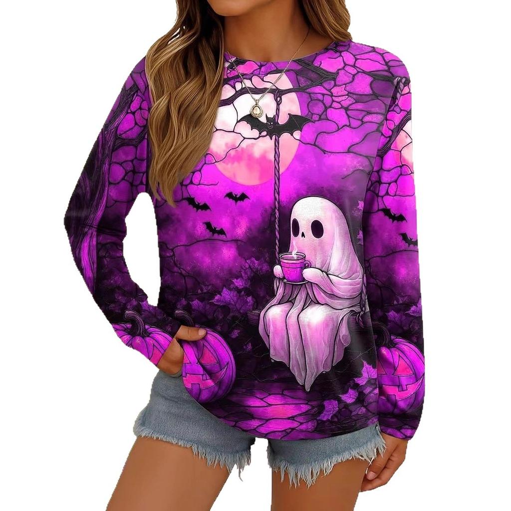 Tricou cu gât rotund și mânecă lungă, imprimat 3D, pentru femei, toamnă și iarnă, costum de Halloween