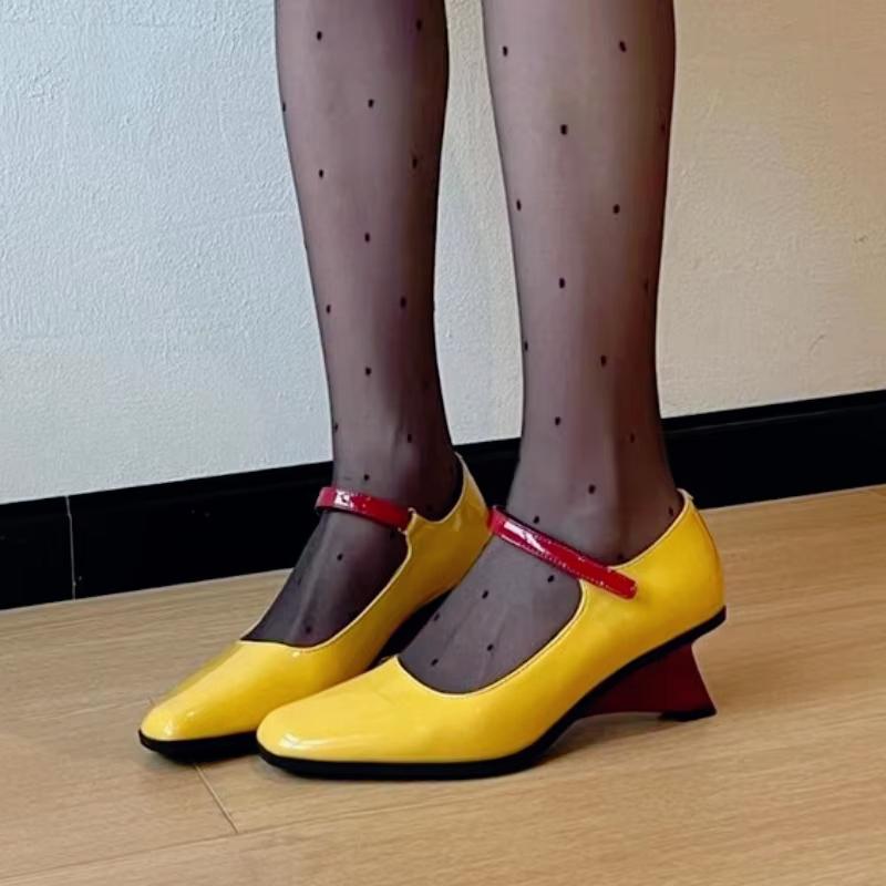 Patent Leather Mixed Color Mary Janes Women Sweet Square Toe Wedges Designer Shoes Simple Shallow Branded Mule Pumps Dress Shoes