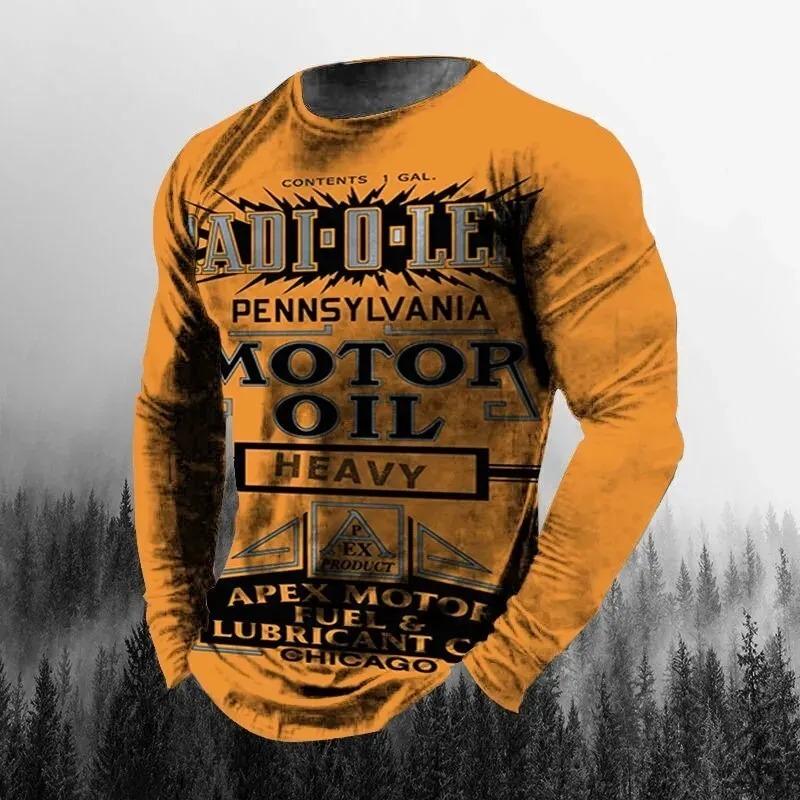 Vintage Men's T-shirt Long Sleeve Biker Tops Tees 3D Oil Print Motorcycle T Shirt Oversized Loose Texaco Man Tshirt