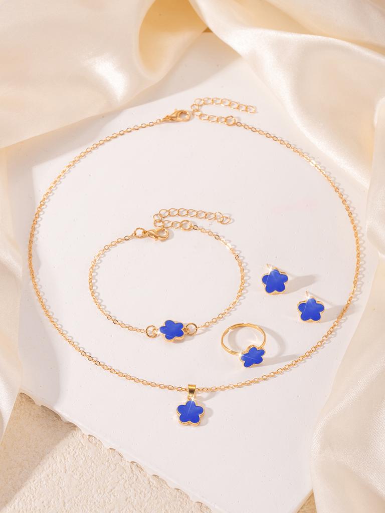 5pcs/set Lucky Five Petal Flower Zircon Set, Bracelet Necklace Earrings Zircon Set, Perfect For Giving Gifts