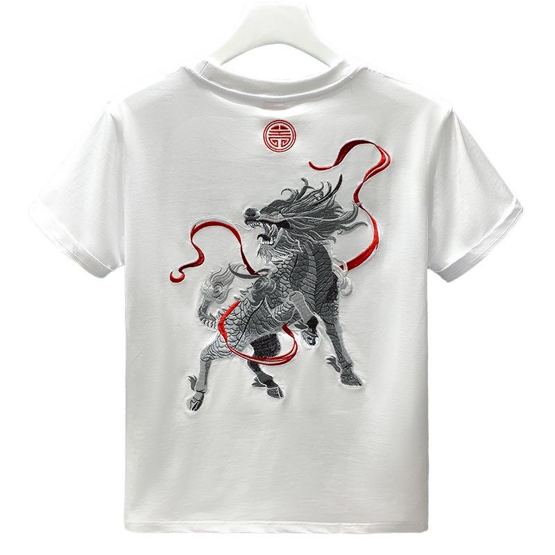 Men's Unicorn Embroidered Short-Sleeve T-Shirt - Chinese Style National Trend
