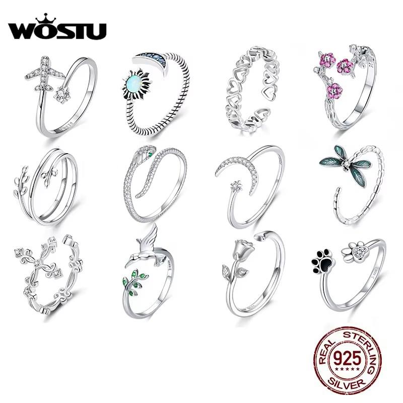 WOSTU Adjustable Rings Real 925 Silver Stackable Engagement Zircon Open Size Rings For Women Female Original Jewelry