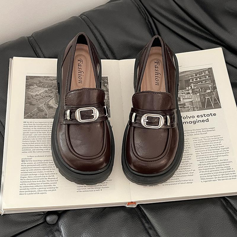 Retro Belt Buckle Loafers Women's Autumn Fashion Thick Heel Round Head Mary Jane Shoes Classic Temperament Single Shoes Small Leather Shoes