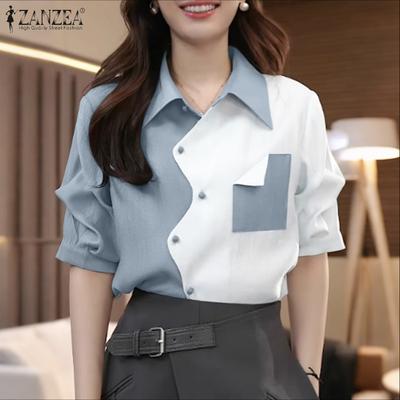 Women Turn Down Collar Summer Half Sleeve Patchwork Blouse