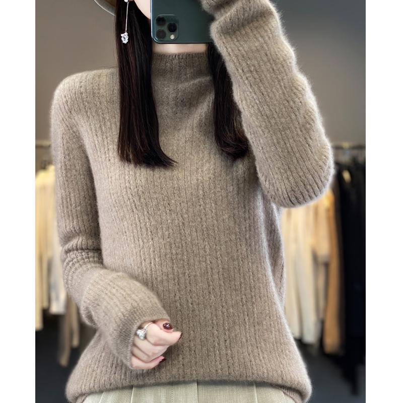 Damski sweter z półgolfem, kaszmir Qinghe, 30% kaszmiru, 70% wełny, zimowy sweter dzianinowy, jesienny sweter kaszmirowy