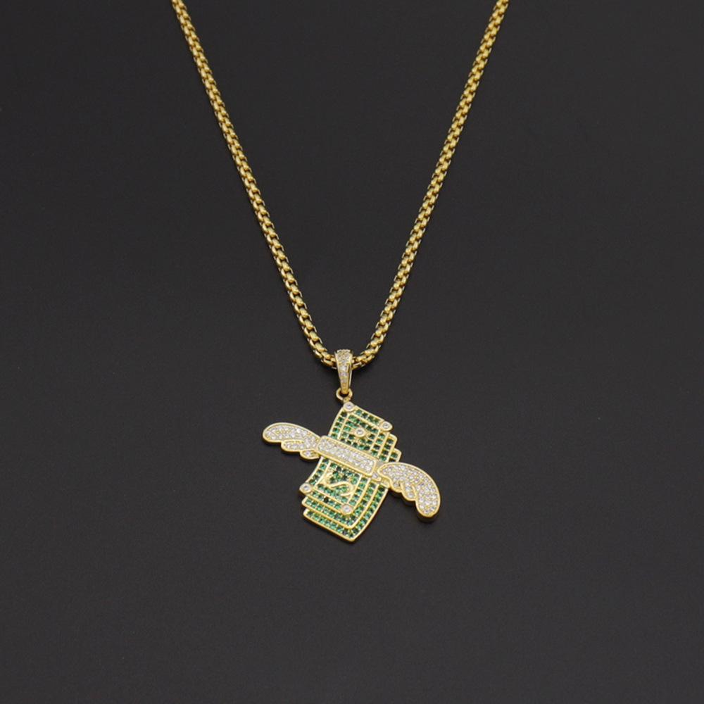 Euro-American Rap Style Hip Hop Dollar Wings Zircon Pendant Necklace for Men & Women