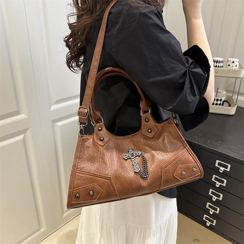 Textured Tote Bag Handbag Locomotive Personalized Cross Chain Shoulder Underarm Bag Large Capacity Messenger Bag