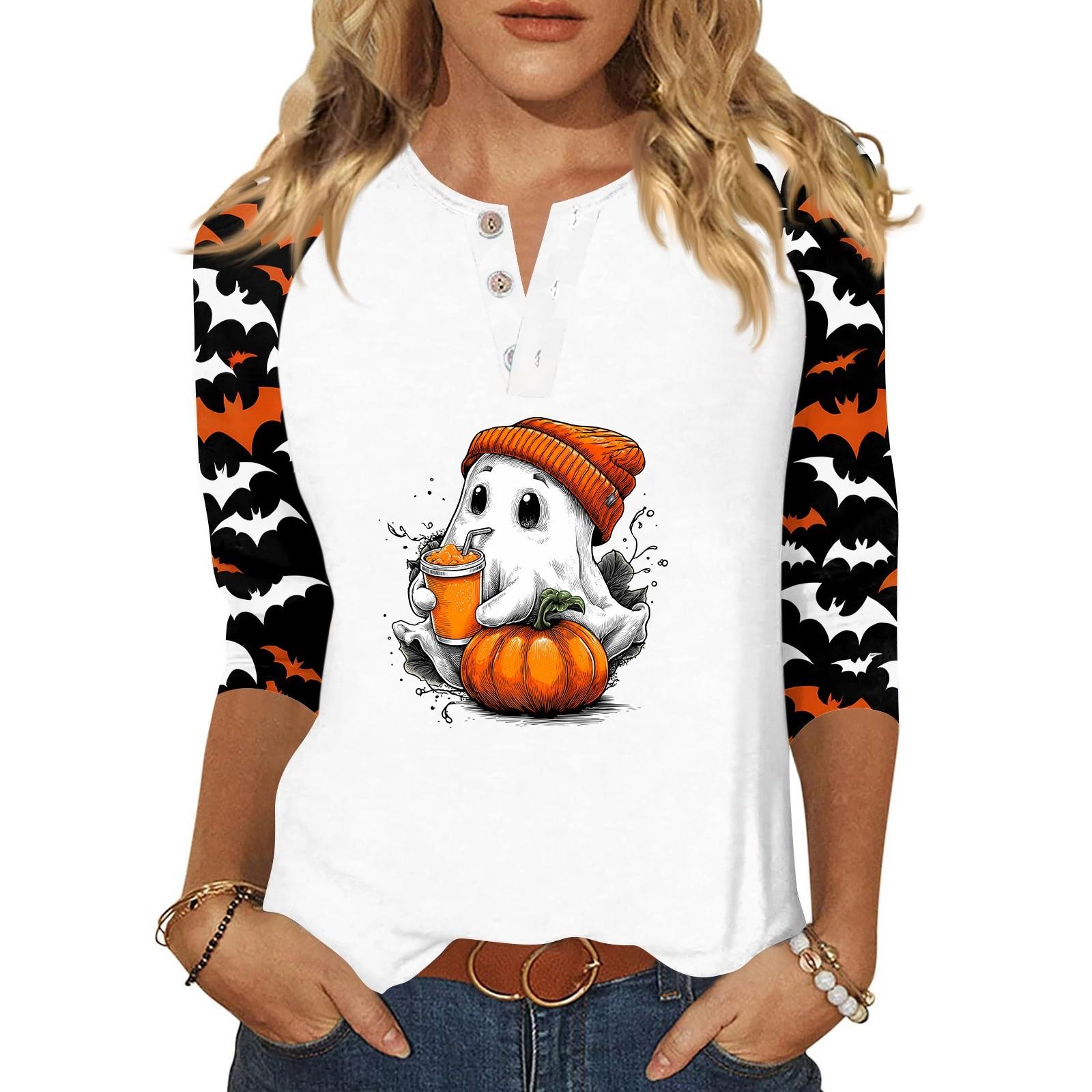 

Женская футболка с принтом на Хэллоуин, на пуговицах, рукав 3/4, повседневная мода на выходные, базовый топ с V-образным вырезом S оранжевый