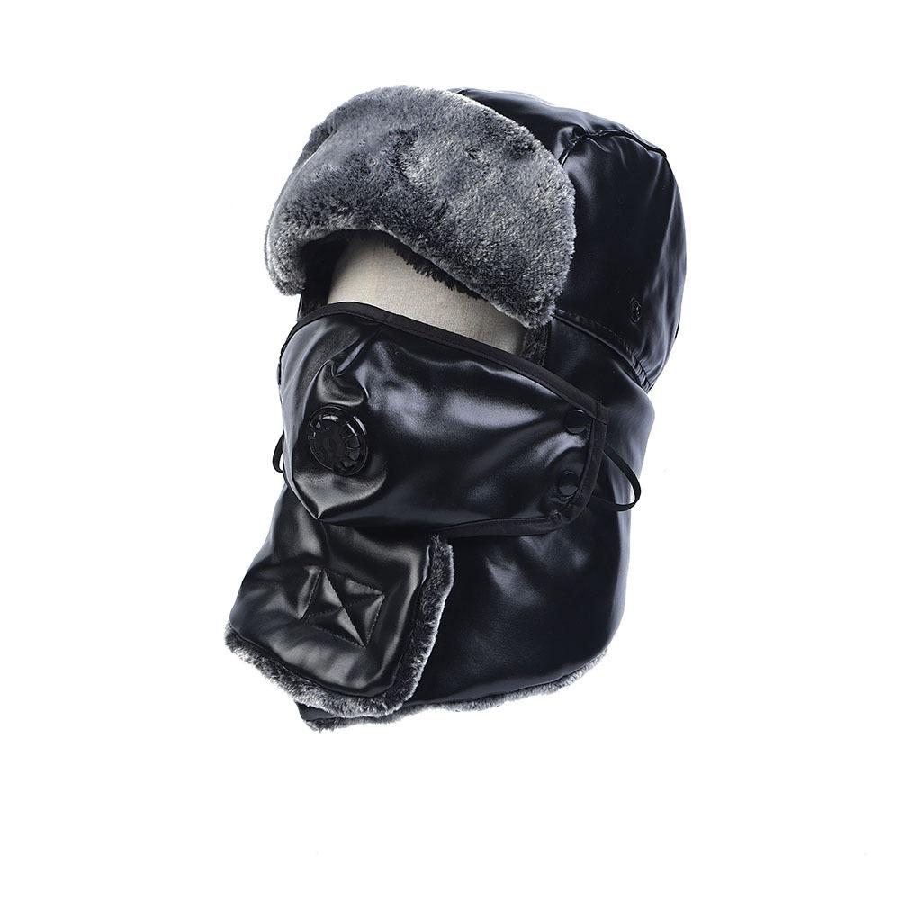 Fashion Winter Mask Hat PU Leather Detachable Scarf Hat One-Piece Rainproof Windproof Pullover Hats