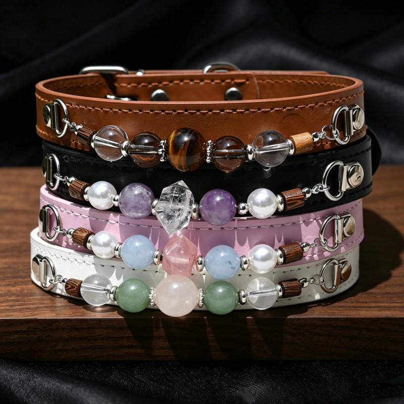 Natural Crystal Pet Collar Cats Dogs PU Leather Necklace With Raw Stone Beads Vintage Style