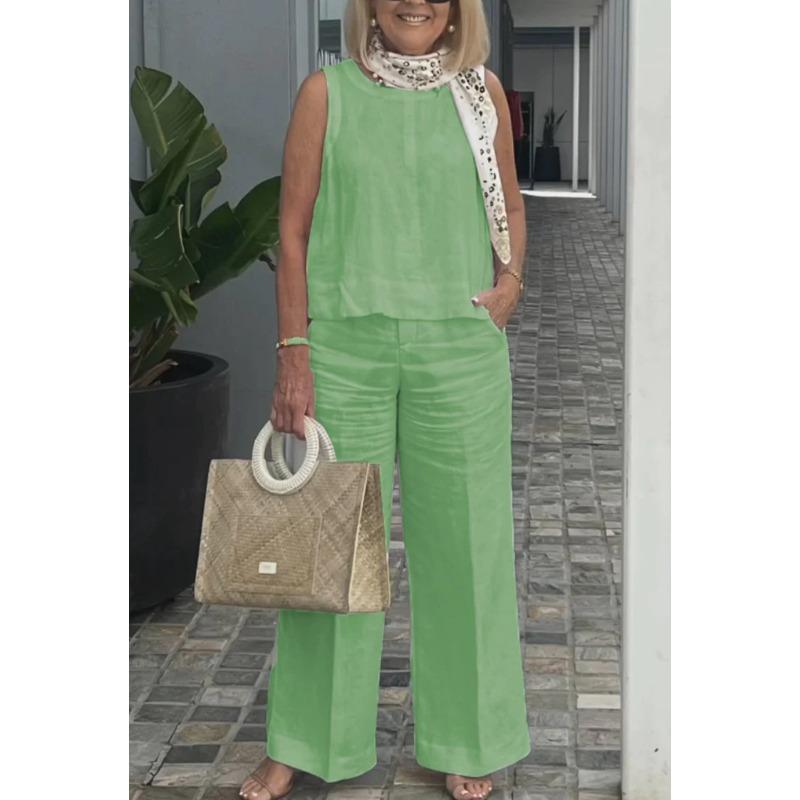 VEZFAA Pantalons décontractés à col rond pour femmes, couleur unie, imprimés, sans manches, à la mode, été, printemps