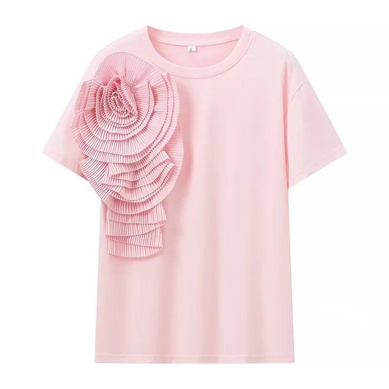 Spring New Women's Clothing French Sweet Casual Easiest for Match O-neck Short Three-Dimensional Flower Pure Color Short Sleeve T-shirt