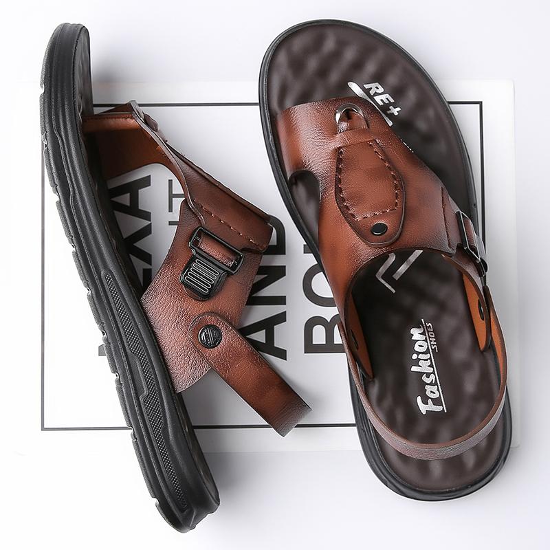 TUINANLE Neue Herren Rutschfeste Ledersandalen Offene Zehen Weiche Sommer Strand Pantoffeln für Herren Outdoor Lässige Bequeme Sandalen