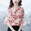 Women's Floral Chiffon Blouse with Bow - 2025 Summer Fashion, Flare Sleeves, Elegant Fairy Style.