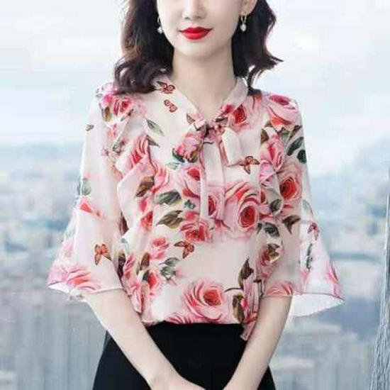 Women's Floral Chiffon Blouse with Bow - 2025 Summer Fashion, Flare Sleeves, Elegant Fairy Style.