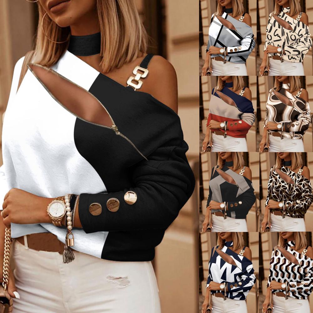2023 Autumn/Winter Long Sleeve Chain Halter Printed Top with Button Details for Women