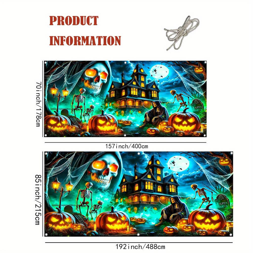 2D Door Banner 2D Flat Gothic Moonlight Skull Castle - UV Glowing Halloween Garage Door Banner