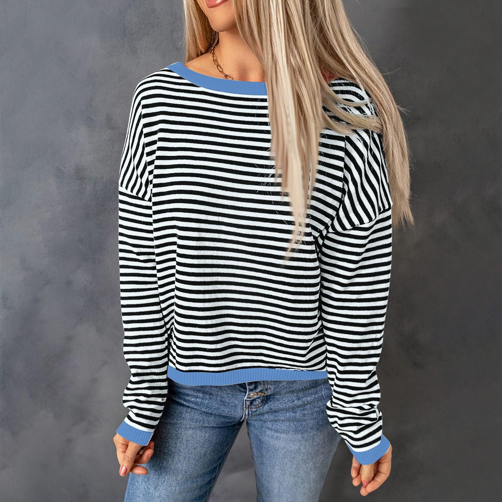 

Women s Contrast Striped Off-Shoulder Sweater Loose And Versatile Long Sleeve Top Blouse M Темно-синій