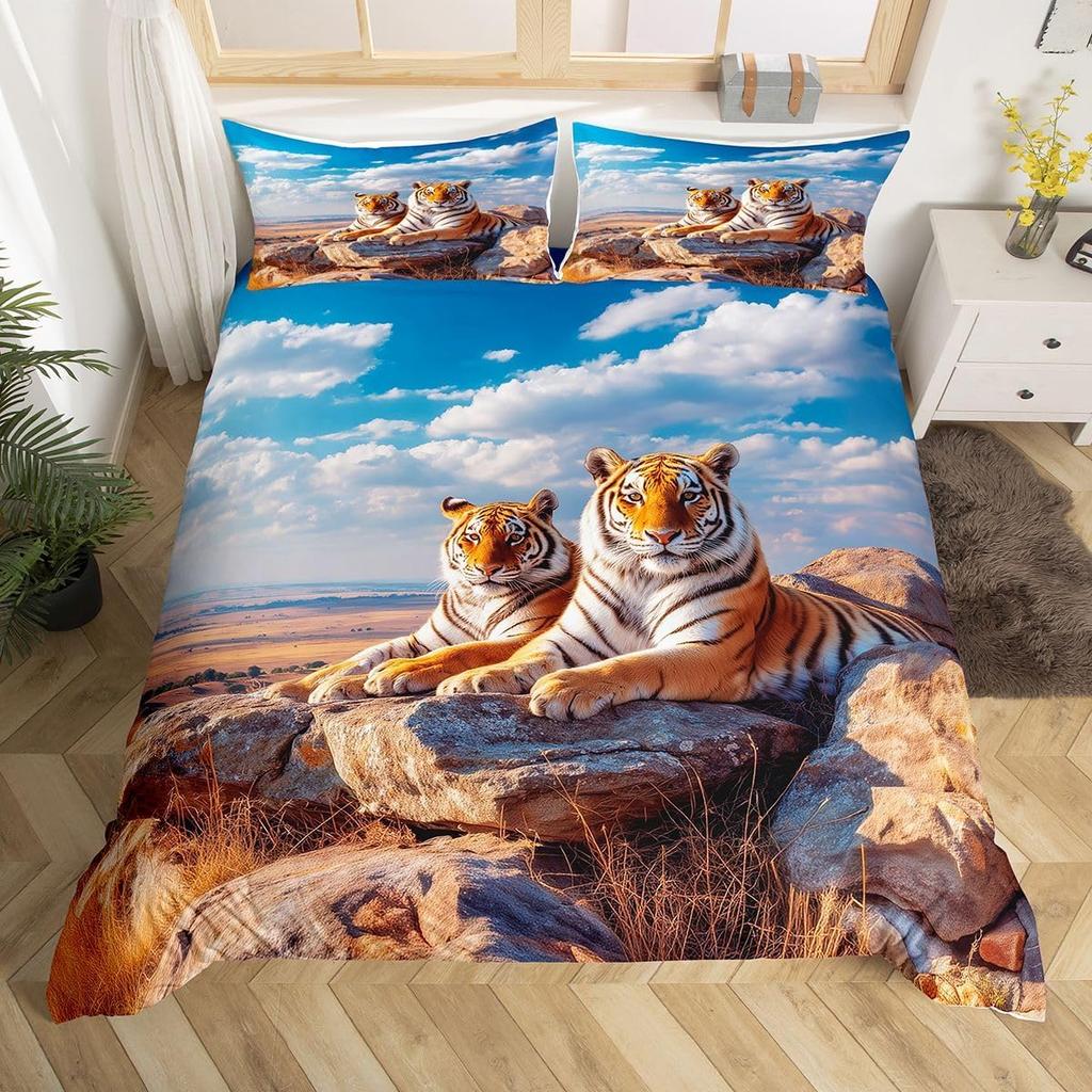 Tiger Duvet Cover Set Twin Queen for Boys Girls Wild Animal Print Bedding Set Soft Microfiber Comforter Cover with 2 Pillow Sham