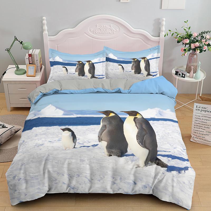 Penguin King Queen Duvet Cover Lovely Black White Antarctic Animals Bedding Set For Kids Wildlife 2/3pcs Polyester Quilt Cover