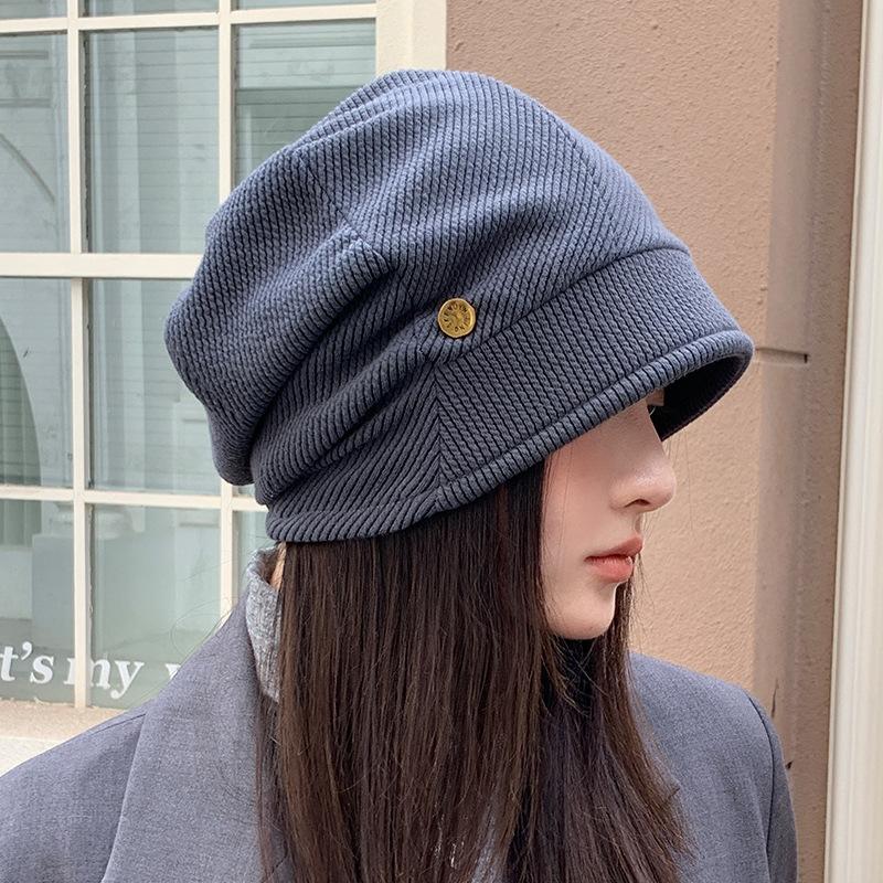 Autumn and Winter Retro Korean Version of Cold Hat Big Head Circumference Showing Face Small Bag Head Hat Casual Versatile Hat Women's Warm Pile Hat