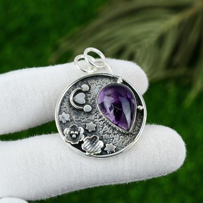 Regalo per Lei Argento Sterling 925 Pietra Preziosa Naturale Ametista Stellare Gioiello Ciondolo