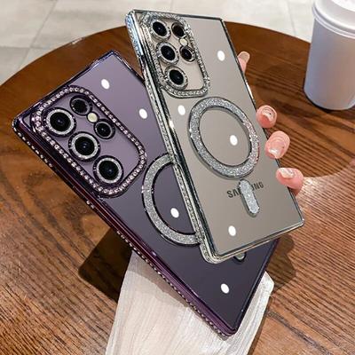 Luxury Magnetic Plating Clear Phone Case For Samsung Galaxy S24 S23 S22 Ultra Plus Glitter Diamond Lens Protector Soft Cover