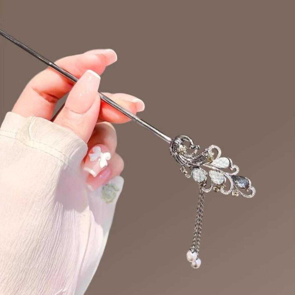 1pc Silver - Toned Hair Stick: Peacock - Inspired Design with Blue Accents & Pearl Tassel, Elegant Hair Accessory