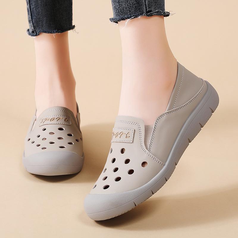 Genuine Leather Women's Flats 2 In 1 Casual Shoes Ladies Elastic Walking Shoes Slip-on Loafers Round Toe Slippers Waterproof Working Shoes