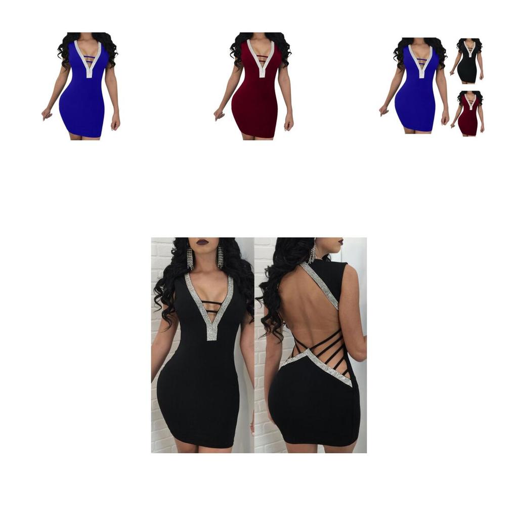 Stunning Women Sexy Deep V Rhinestone Backless Mini Dress For Special Events