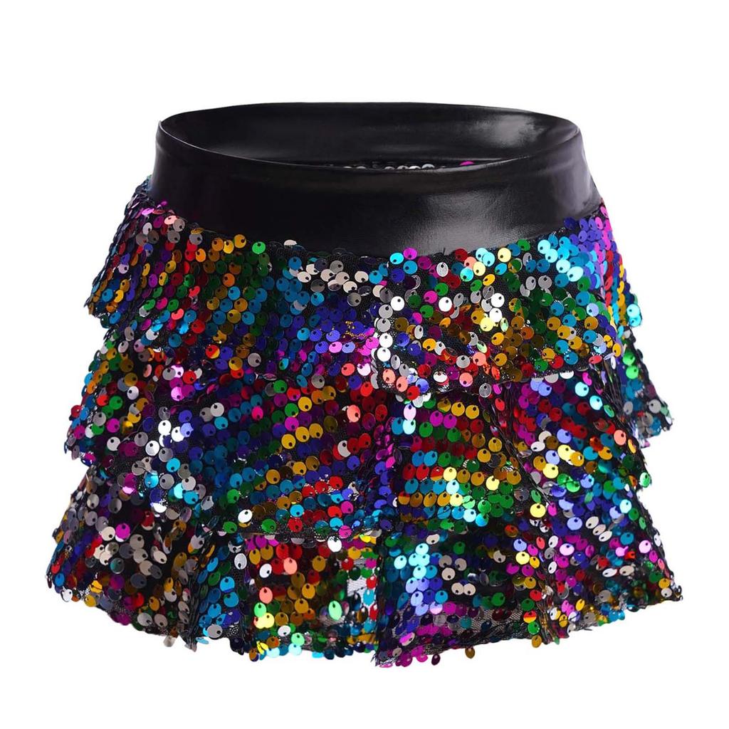 Kinder Mädchen Performance Shorts Glänzende Pailletten Stufenrüschen Design Metallic Elastische Taille Culottes Tanzbekleidung