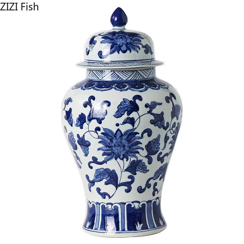 Blue and White Porcelain General Jar Tea Canister Candy Pots Flower and Bird Decorative Ginger Jar Desk Decoration Flower Vase