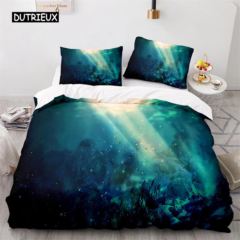 Duvet Cover Ocean Underwater World Bedding Sets with Goldfish Coral Reef Quilt Cover for Kids Teens Children Bedroom Decoration