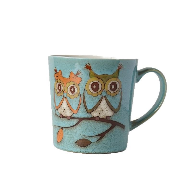 Vintage Owl Ceramic Mug Large Capacity V Shape Coffee Cup Ins Style Forest Theme