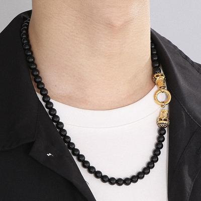Colliers Punk tête de crâne pour hommes, chaîne de perles de verre noires, en acier inoxydable plaqué or, bijoux de motards