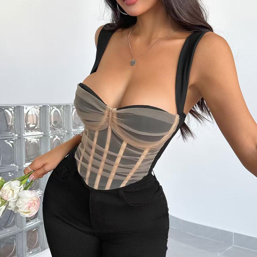 New Style Women's Clothing Sexy Splicing Contrasting Color Bra Mesh See-through Fishbone Bra Vest Suspender
