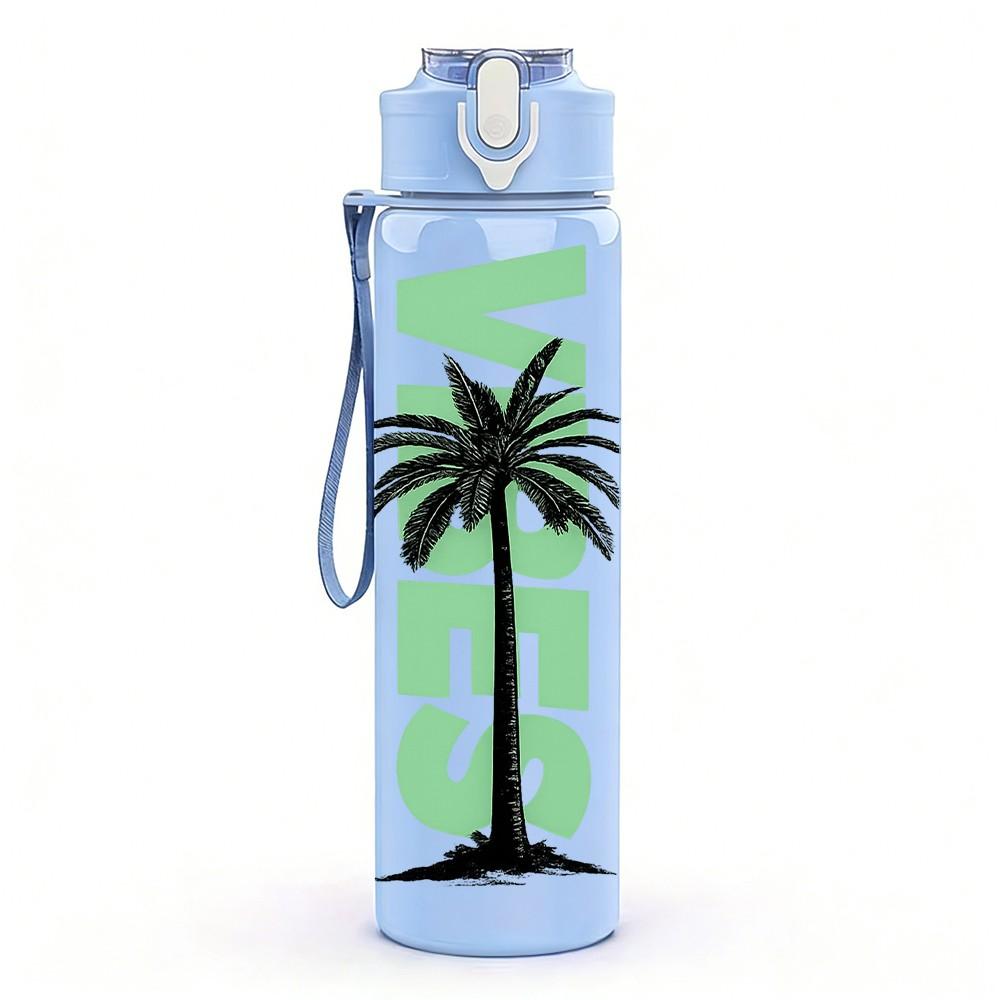 1PC Vibe Palm Tree Simple Line Print 750ml Color Plastic Sports Water Bottle Leakproof Flip Straw Lid Suitable for Sports Office Home Use