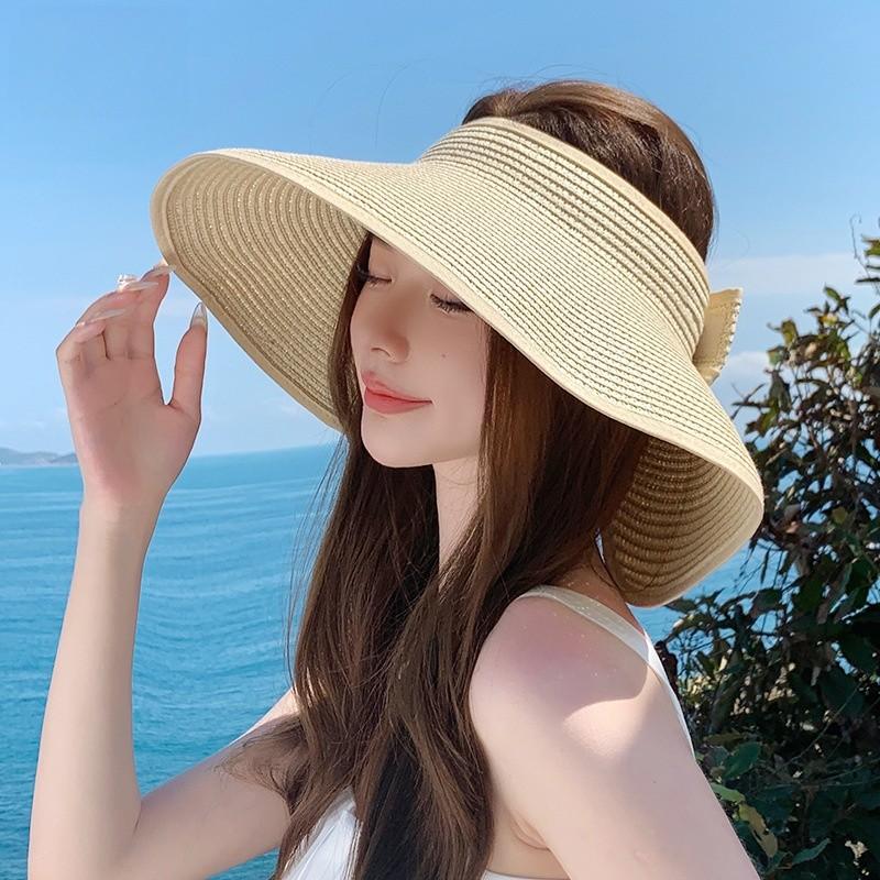 Summer Straw Visor Hat With Large Brim And Foldable Design For Beach And Outdoor Sun Protection