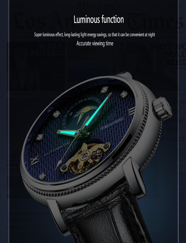 Fashion Tevise Automatic Mechanical Mens Watch With Genuine Leather Strap Luminous Moon Phase Tourbillon And Popular Design