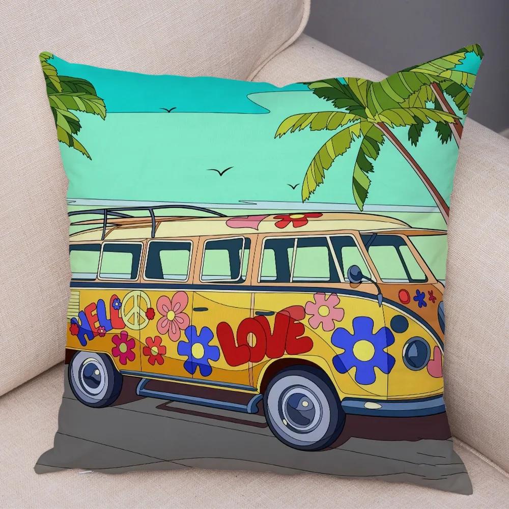 Both Sides Pillow Case Decor Happy Camper Cartoon House Travel Car Cushion Cover for Sofa Home Super Soft Plush Pillowcase