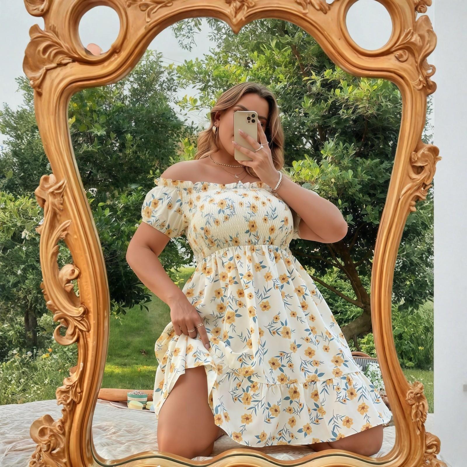 

Женское свободное удобное повседневное модное темпераментное цветочное платье в стиле отпуска больших размеров летнее элегантное с принтом XXXXL жёлтый