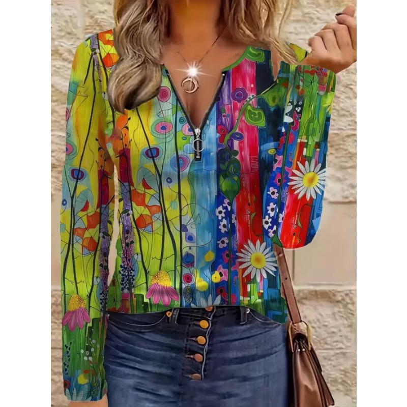 Elegantes Damenoberteil mit Reißverschluss und Print, langärmelig, stilvoll und vielseitig für Herbst und Winter, Freizeit- und Bürokleidung, maschinenwaschbar