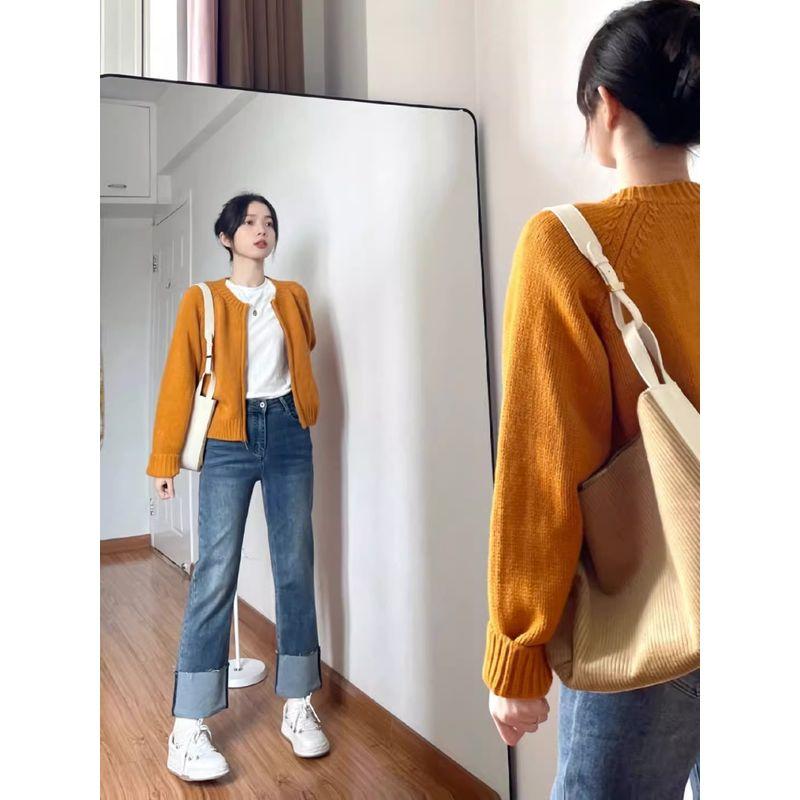 

round-Neck High Waist Knitting Zipper Cardigan Short Sweater Orange XL
