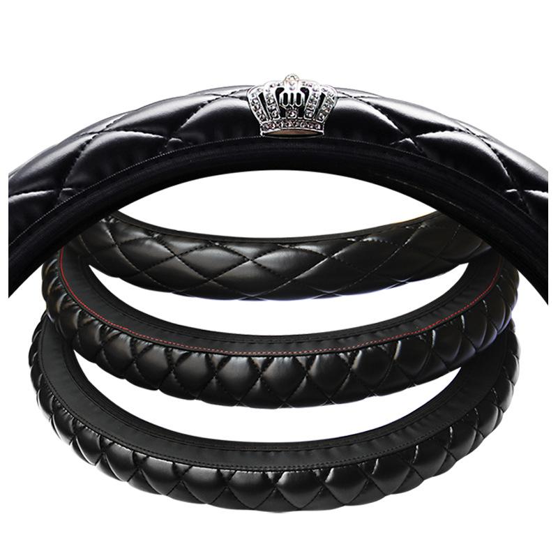 Rattdeksel Krystallkrone Rattdeksler Biltilbehør PU Lær Bilstyling 37-38CM Diameter Universalt