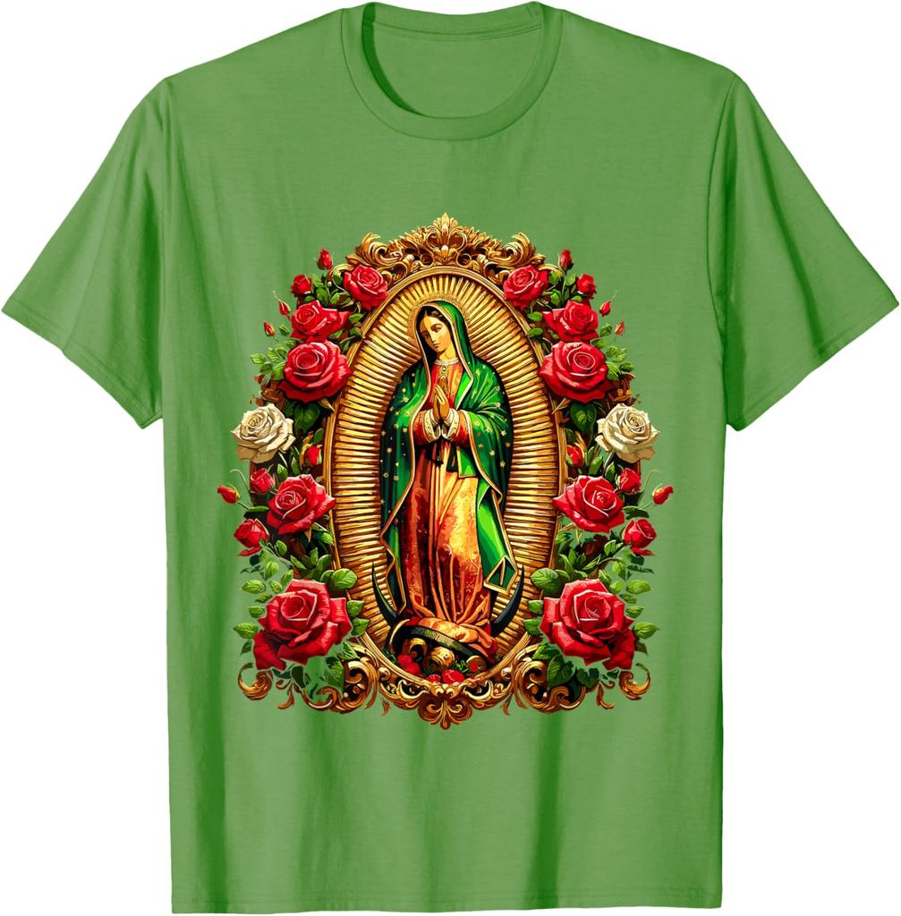 Virgen De Guadalupe Religious Graphic Tee Men Casual Cotton Rose Print T-Shirt
